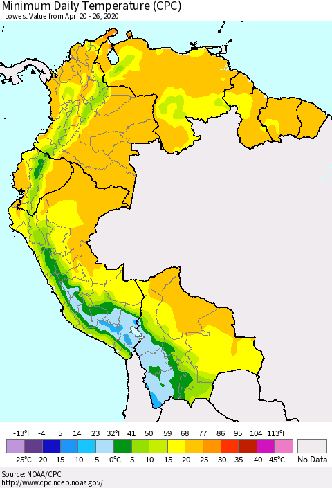 Northern South America Minimum Daily Temperature (CPC) Thematic Map For 4/20/2020 - 4/26/2020