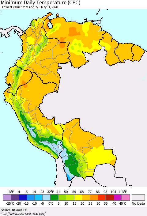 Northern South America Minimum Daily Temperature (CPC) Thematic Map For 4/27/2020 - 5/3/2020