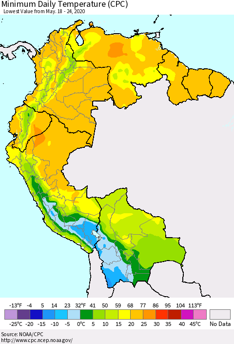 Northern South America Extreme Minimum Temperature (CPC) Thematic Map For 5/18/2020 - 5/24/2020