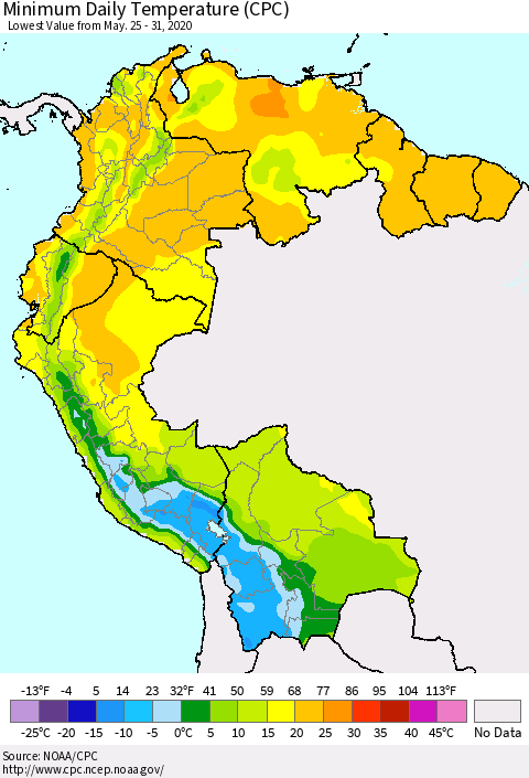 Northern South America Minimum Daily Temperature (CPC) Thematic Map For 5/25/2020 - 5/31/2020