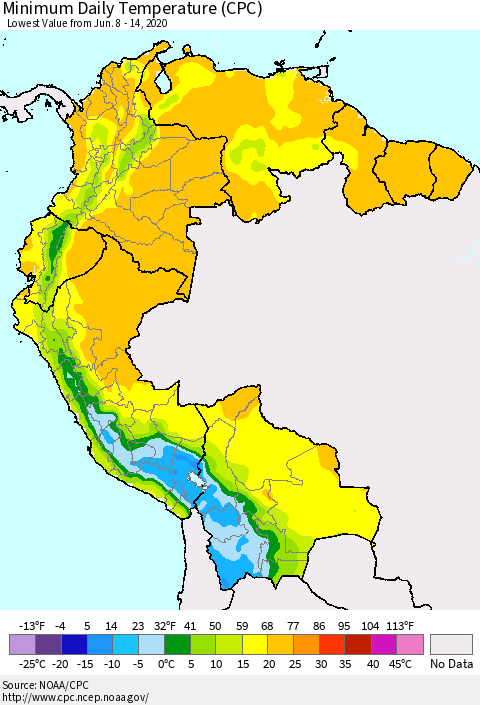 Northern South America Minimum Daily Temperature (CPC) Thematic Map For 6/8/2020 - 6/14/2020