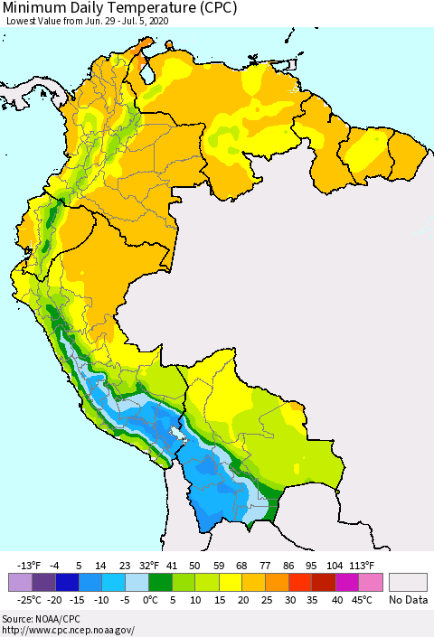 Northern South America Minimum Daily Temperature (CPC) Thematic Map For 6/29/2020 - 7/5/2020