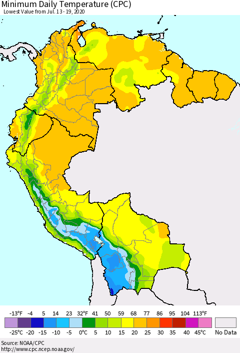 Northern South America Minimum Daily Temperature (CPC) Thematic Map For 7/13/2020 - 7/19/2020