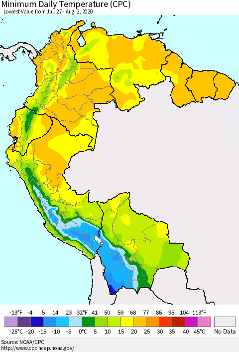 Northern South America Minimum Daily Temperature (CPC) Thematic Map For 7/27/2020 - 8/2/2020