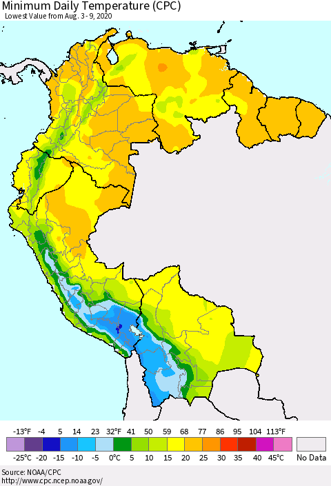 Northern South America Minimum Daily Temperature (CPC) Thematic Map For 8/3/2020 - 8/9/2020