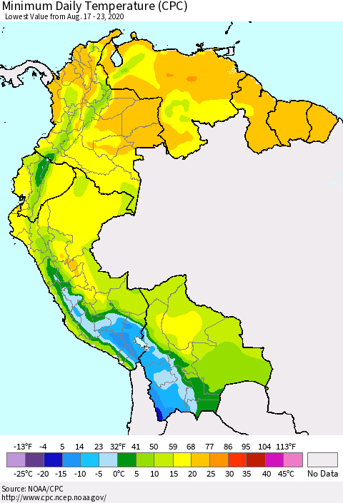 Northern South America Minimum Daily Temperature (CPC) Thematic Map For 8/17/2020 - 8/23/2020