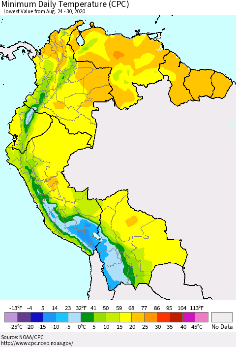 Northern South America Extreme Minimum Temperature (CPC) Thematic Map For 8/24/2020 - 8/30/2020