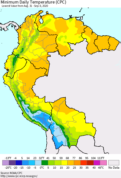 Northern South America Minimum Daily Temperature (CPC) Thematic Map For 8/31/2020 - 9/6/2020
