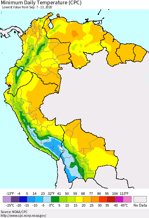 Northern South America Minimum Daily Temperature (CPC) Thematic Map For 9/7/2020 - 9/13/2020