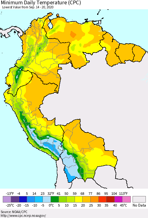 Northern South America Minimum Daily Temperature (CPC) Thematic Map For 9/14/2020 - 9/20/2020