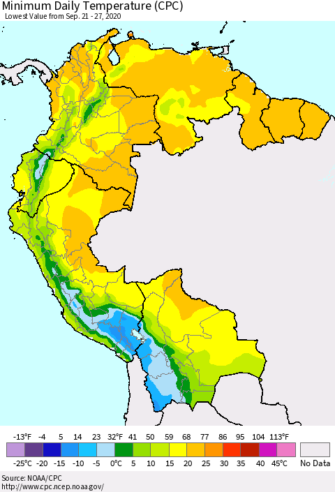 Northern South America Minimum Daily Temperature (CPC) Thematic Map For 9/21/2020 - 9/27/2020