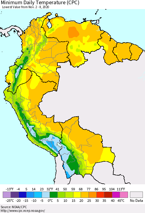 Northern South America Minimum Daily Temperature (CPC) Thematic Map For 11/2/2020 - 11/8/2020