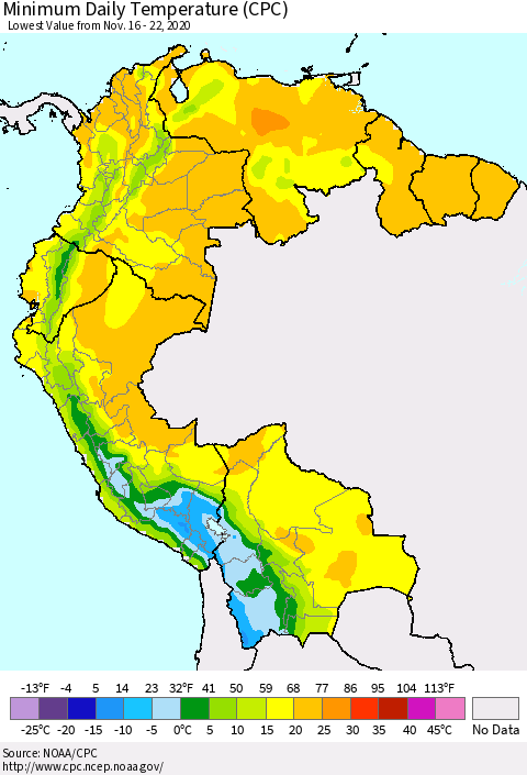 Northern South America Minimum Daily Temperature (CPC) Thematic Map For 11/16/2020 - 11/22/2020