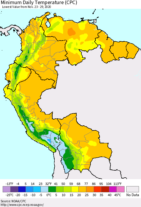 Northern South America Minimum Daily Temperature (CPC) Thematic Map For 11/23/2020 - 11/29/2020