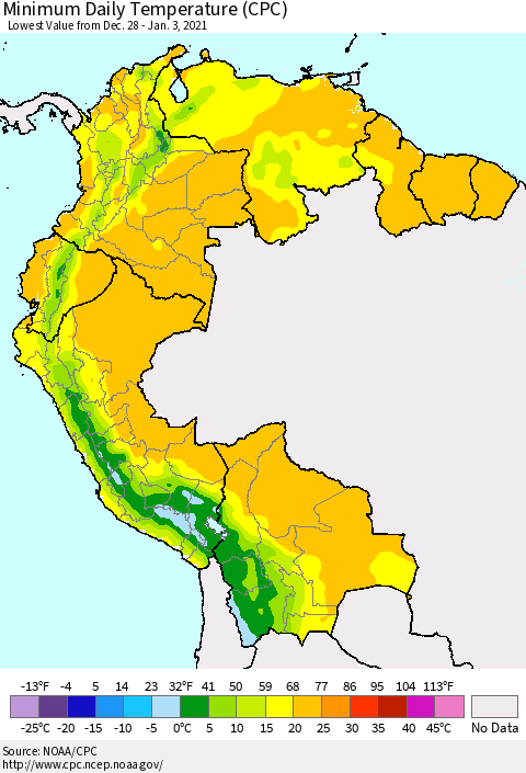 Northern South America Minimum Daily Temperature (CPC) Thematic Map For 12/28/2020 - 1/3/2021