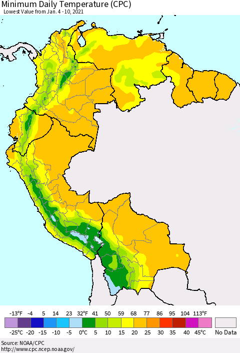 Northern South America Minimum Daily Temperature (CPC) Thematic Map For 1/4/2021 - 1/10/2021