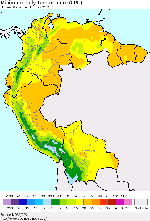 Northern South America Extreme Minimum Temperature (CPC) Thematic Map For 1/18/2021 - 1/24/2021