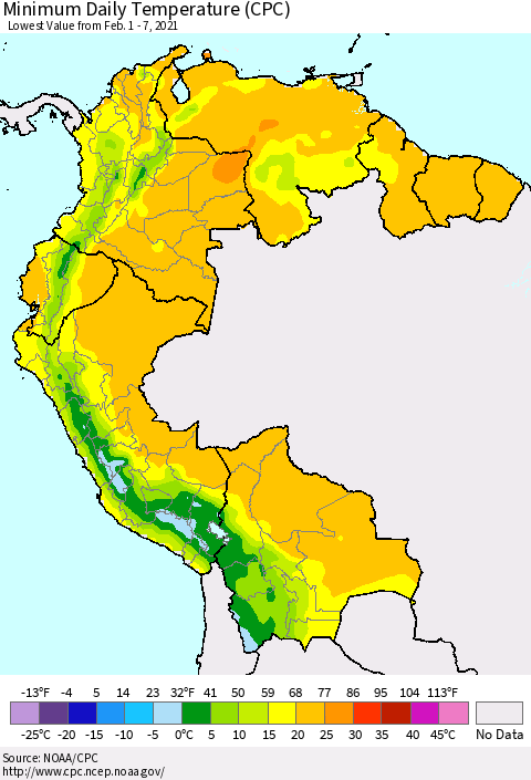 Northern South America Minimum Daily Temperature (CPC) Thematic Map For 2/1/2021 - 2/7/2021
