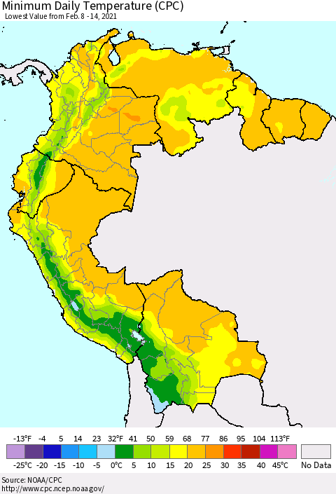 Northern South America Extreme Minimum Temperature (CPC) Thematic Map For 2/8/2021 - 2/14/2021