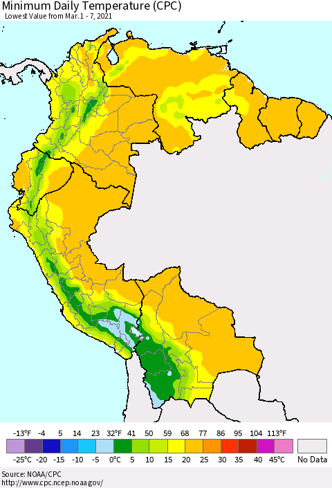 Northern South America Extreme Minimum Temperature (CPC) Thematic Map For 3/1/2021 - 3/7/2021