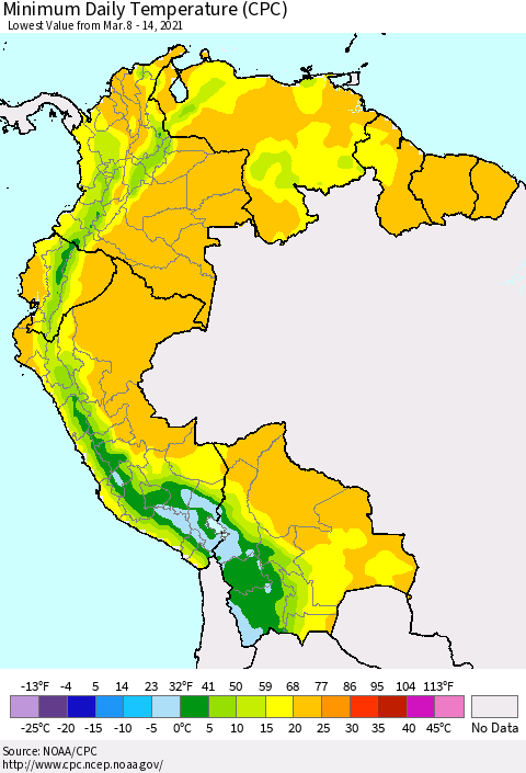 Northern South America Minimum Daily Temperature (CPC) Thematic Map For 3/8/2021 - 3/14/2021