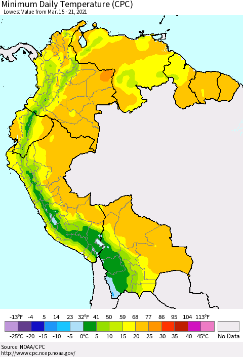 Northern South America Minimum Daily Temperature (CPC) Thematic Map For 3/15/2021 - 3/21/2021