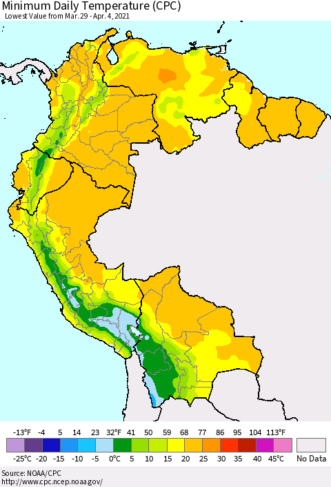 Northern South America Minimum Daily Temperature (CPC) Thematic Map For 3/29/2021 - 4/4/2021