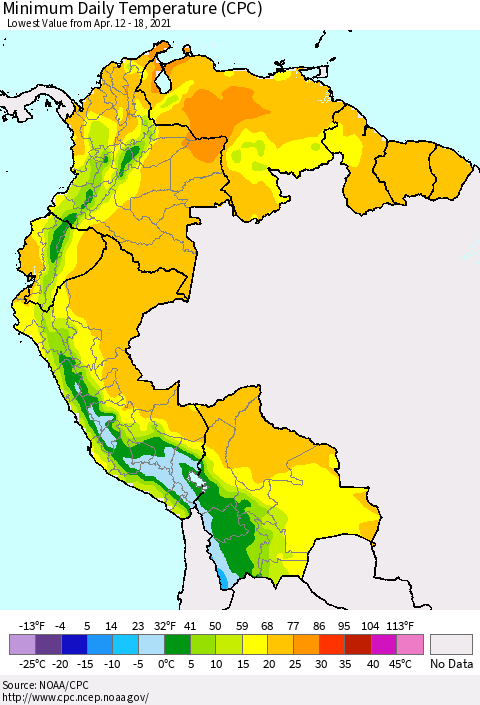 Northern South America Minimum Daily Temperature (CPC) Thematic Map For 4/12/2021 - 4/18/2021