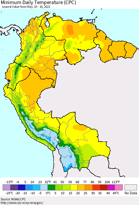 Northern South America Extreme Minimum Temperature (CPC) Thematic Map For 5/10/2021 - 5/16/2021