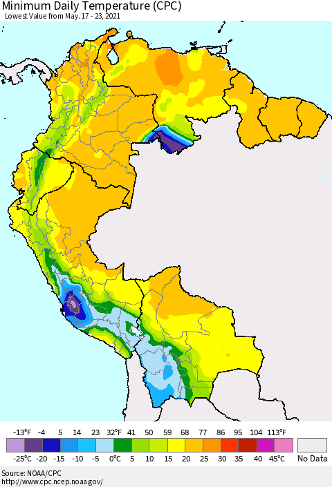 Northern South America Minimum Daily Temperature (CPC) Thematic Map For 5/17/2021 - 5/23/2021