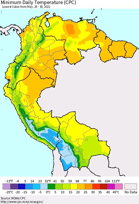 Northern South America Minimum Daily Temperature (CPC) Thematic Map For 5/24/2021 - 5/30/2021