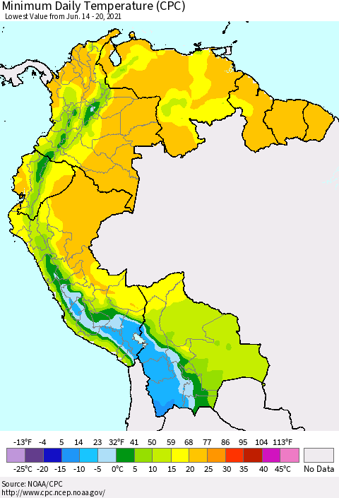 Northern South America Minimum Daily Temperature (CPC) Thematic Map For 6/14/2021 - 6/20/2021