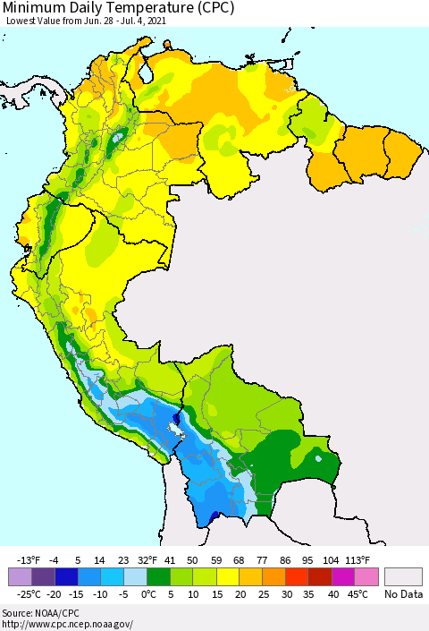 Northern South America Minimum Daily Temperature (CPC) Thematic Map For 6/28/2021 - 7/4/2021