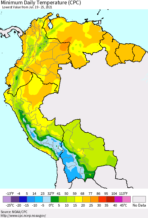 Northern South America Minimum Daily Temperature (CPC) Thematic Map For 7/19/2021 - 7/25/2021