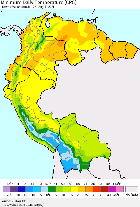 Northern South America Minimum Daily Temperature (CPC) Thematic Map For 7/26/2021 - 8/1/2021