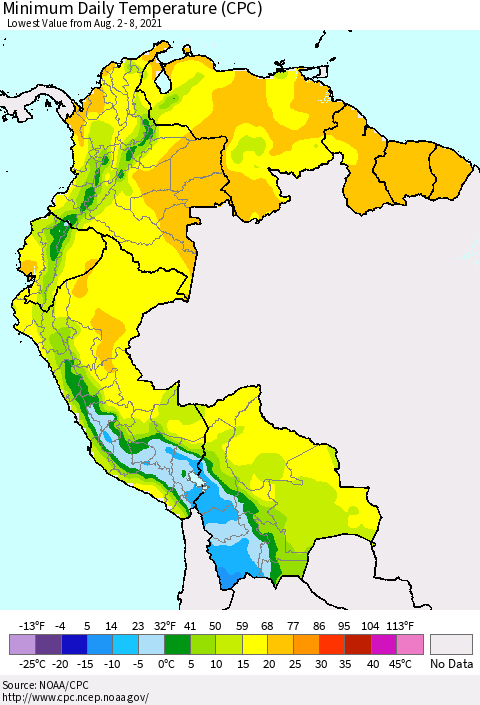 Northern South America Minimum Daily Temperature (CPC) Thematic Map For 8/2/2021 - 8/8/2021