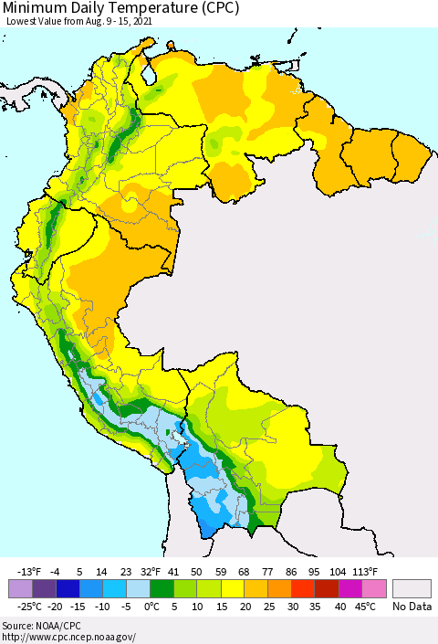 Northern South America Extreme Minimum Temperature (CPC) Thematic Map For 8/9/2021 - 8/15/2021