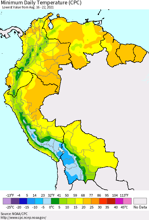 Northern South America Minimum Daily Temperature (CPC) Thematic Map For 8/16/2021 - 8/22/2021