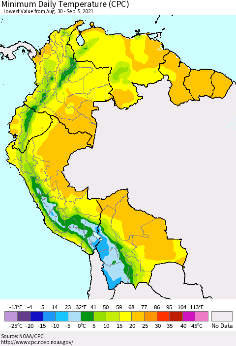 Northern South America Minimum Daily Temperature (CPC) Thematic Map For 8/30/2021 - 9/5/2021