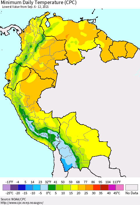 Northern South America Minimum Daily Temperature (CPC) Thematic Map For 9/6/2021 - 9/12/2021