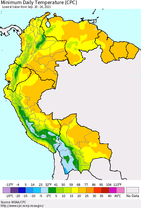 Northern South America Extreme Minimum Temperature (CPC) Thematic Map For 9/20/2021 - 9/26/2021