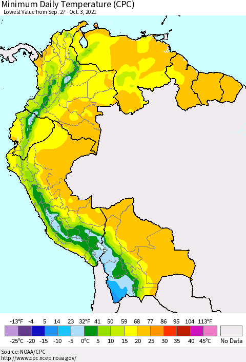 Northern South America Minimum Daily Temperature (CPC) Thematic Map For 9/27/2021 - 10/3/2021