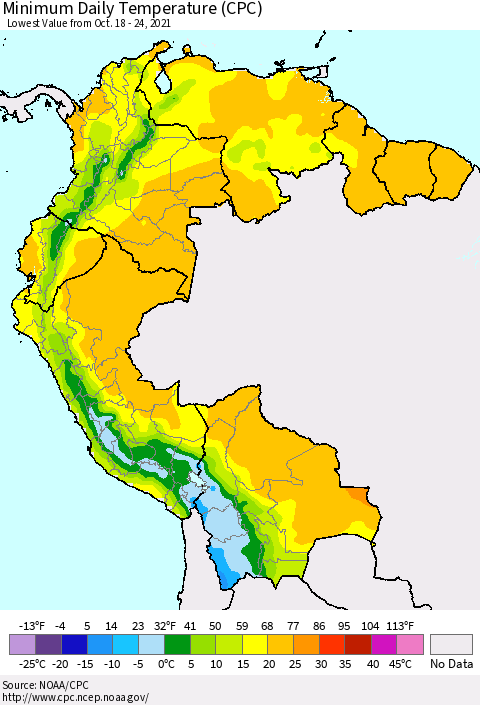 Northern South America Minimum Daily Temperature (CPC) Thematic Map For 10/18/2021 - 10/24/2021