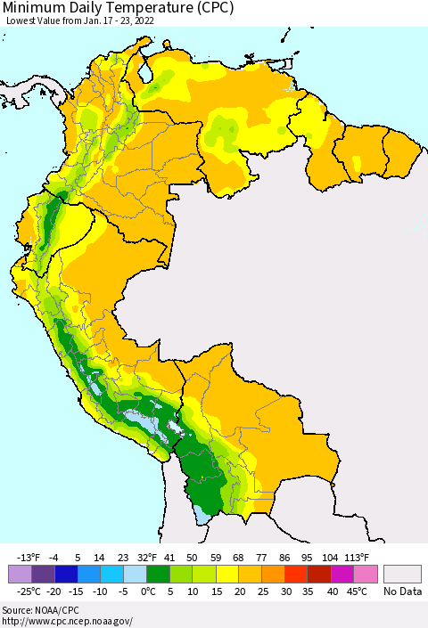 Northern South America Extreme Minimum Temperature (CPC) Thematic Map For 1/17/2022 - 1/23/2022