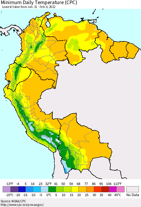 Northern South America Minimum Daily Temperature (CPC) Thematic Map For 1/31/2022 - 2/6/2022