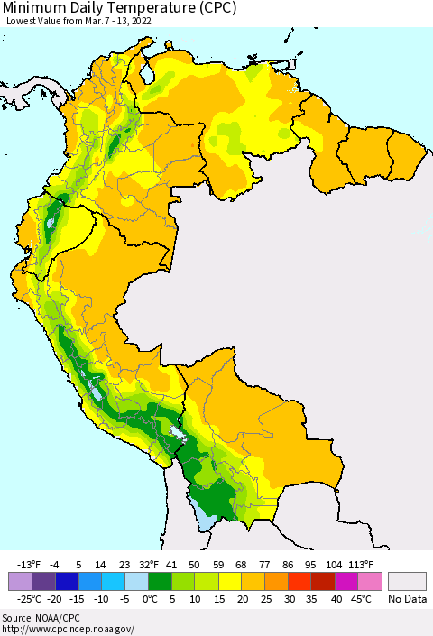 Northern South America Minimum Daily Temperature (CPC) Thematic Map For 3/7/2022 - 3/13/2022