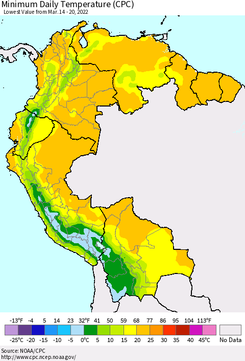 Northern South America Minimum Daily Temperature (CPC) Thematic Map For 3/14/2022 - 3/20/2022