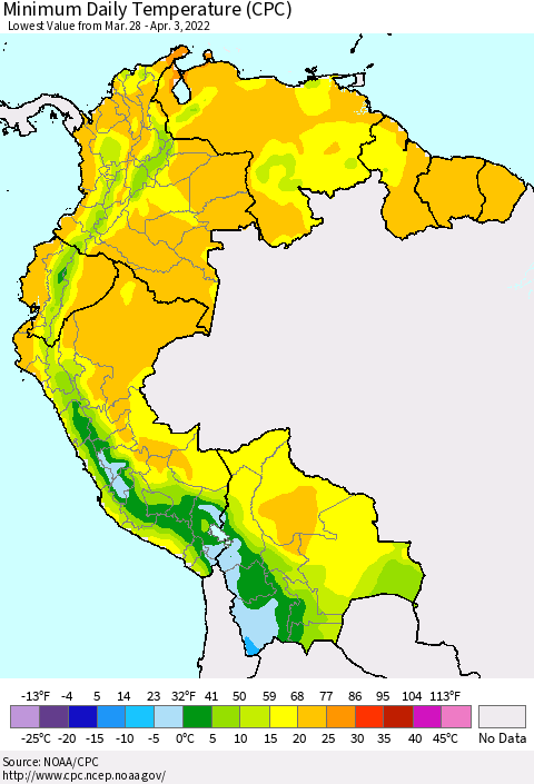 Northern South America Minimum Daily Temperature (CPC) Thematic Map For 3/28/2022 - 4/3/2022