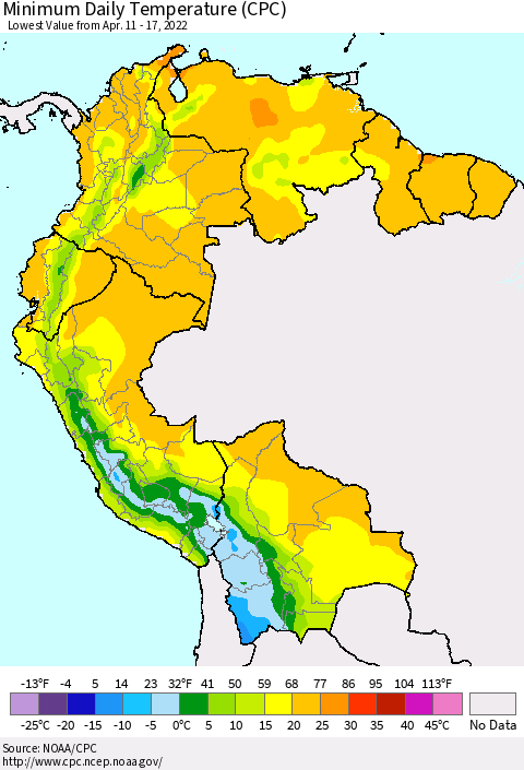 Northern South America Minimum Daily Temperature (CPC) Thematic Map For 4/11/2022 - 4/17/2022