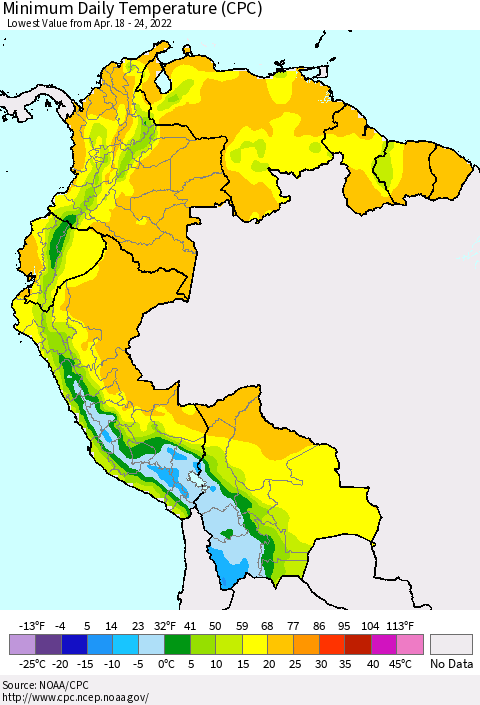 Northern South America Minimum Daily Temperature (CPC) Thematic Map For 4/18/2022 - 4/24/2022